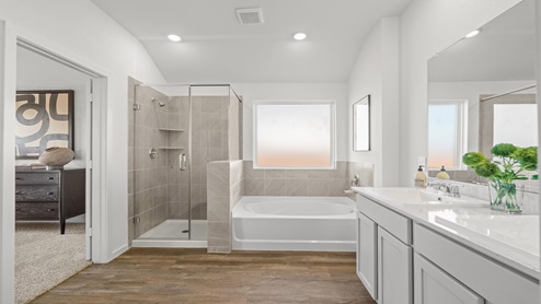 primary bathroom with stand up shower and full tub