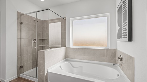 primary bathroom with stand up shower and full tub