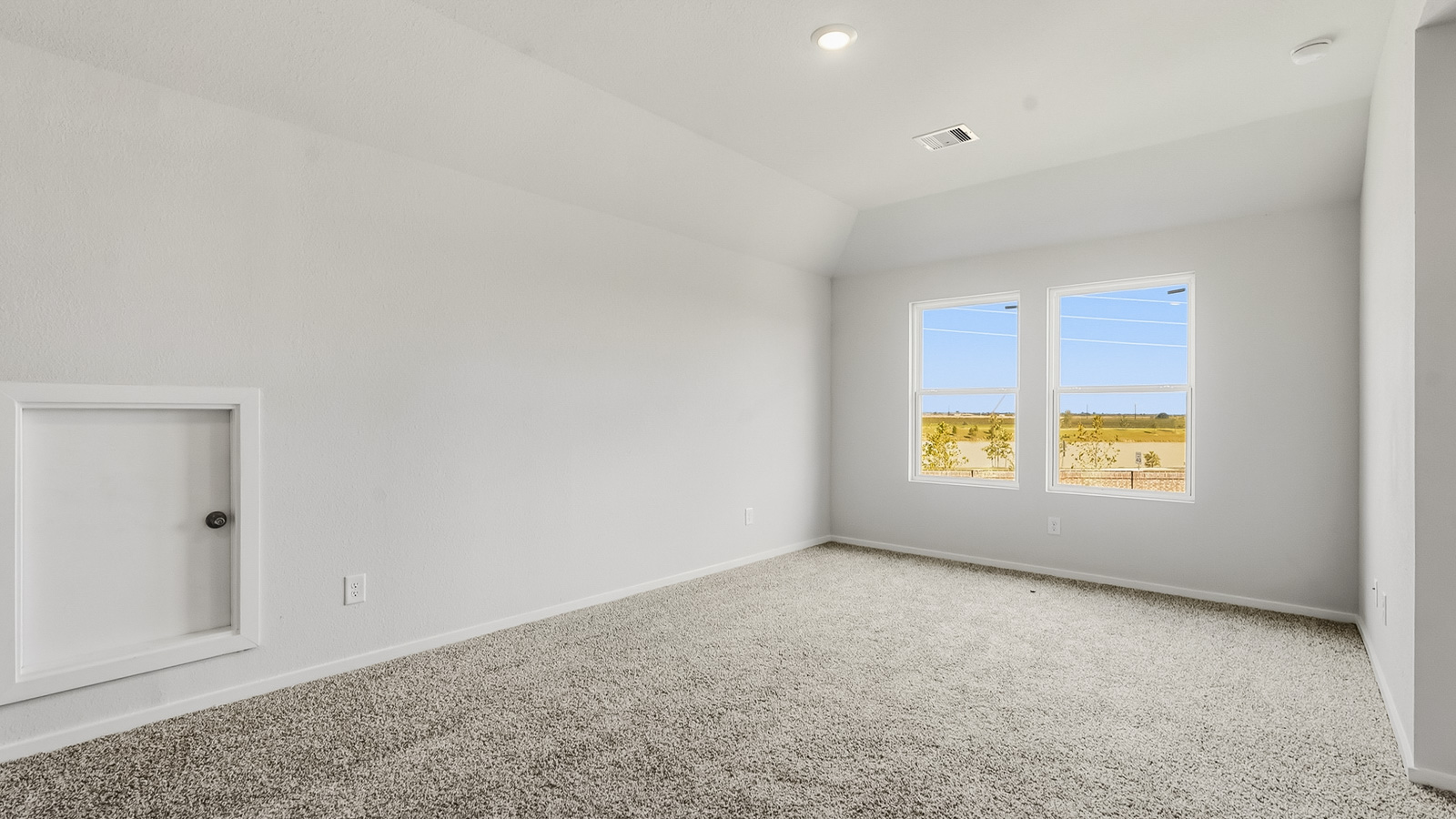 Secondary bedroom with shag carpet flooring and bright window