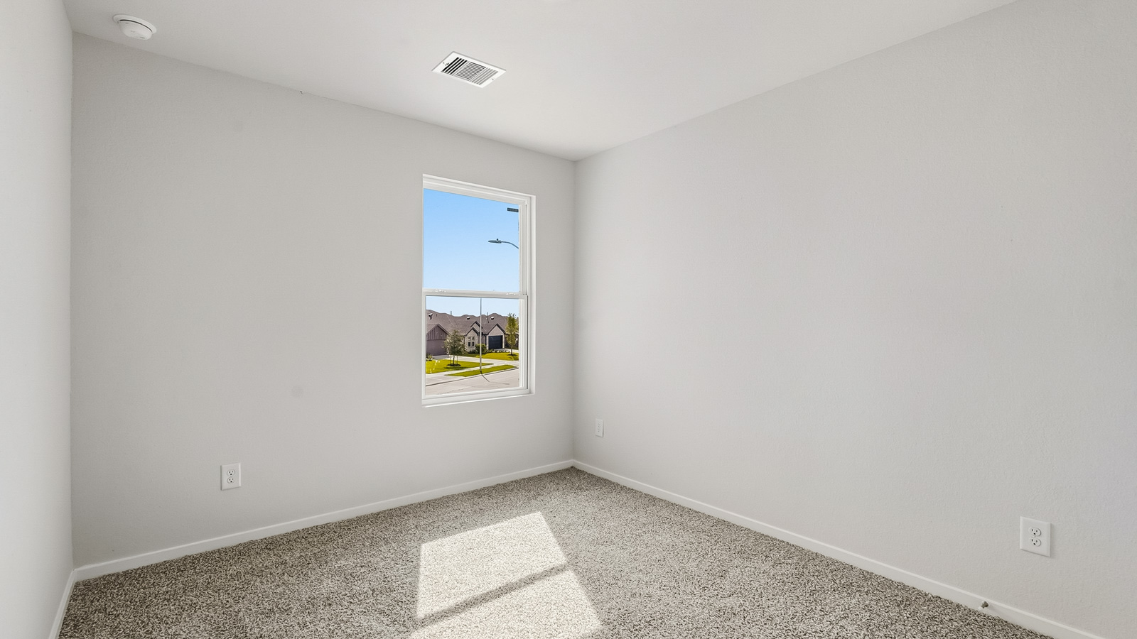 Secondary bedroom with shag carpet flooring and bright window