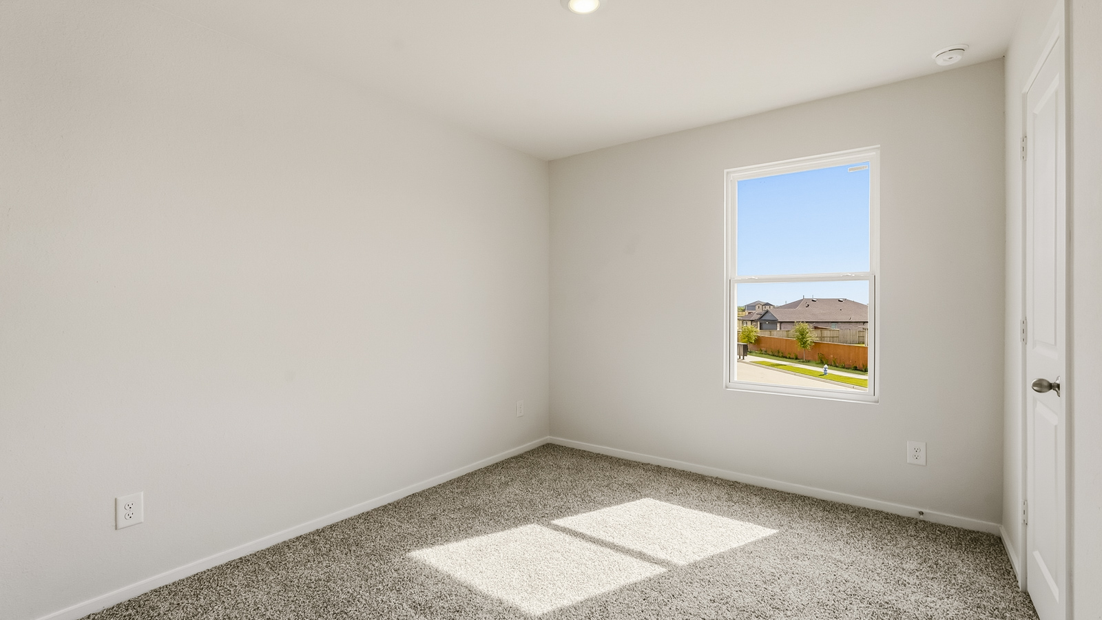 Secondary bedroom with shag carpet flooring and bright window