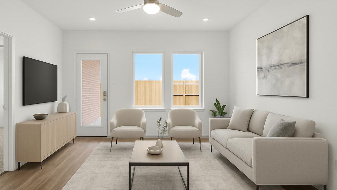 open concept living and dining area with vinyl flooring, quartz countertops, and large windows in Brookshire, Tx