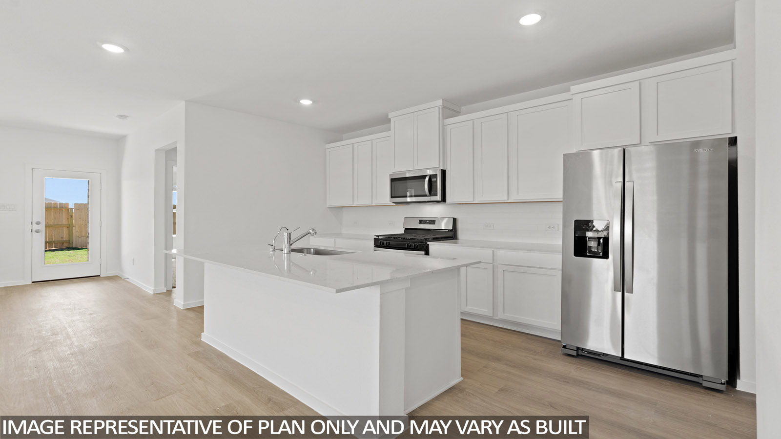 open concept livving and indining area with vinyl flooring, large windows, and quartz countertops