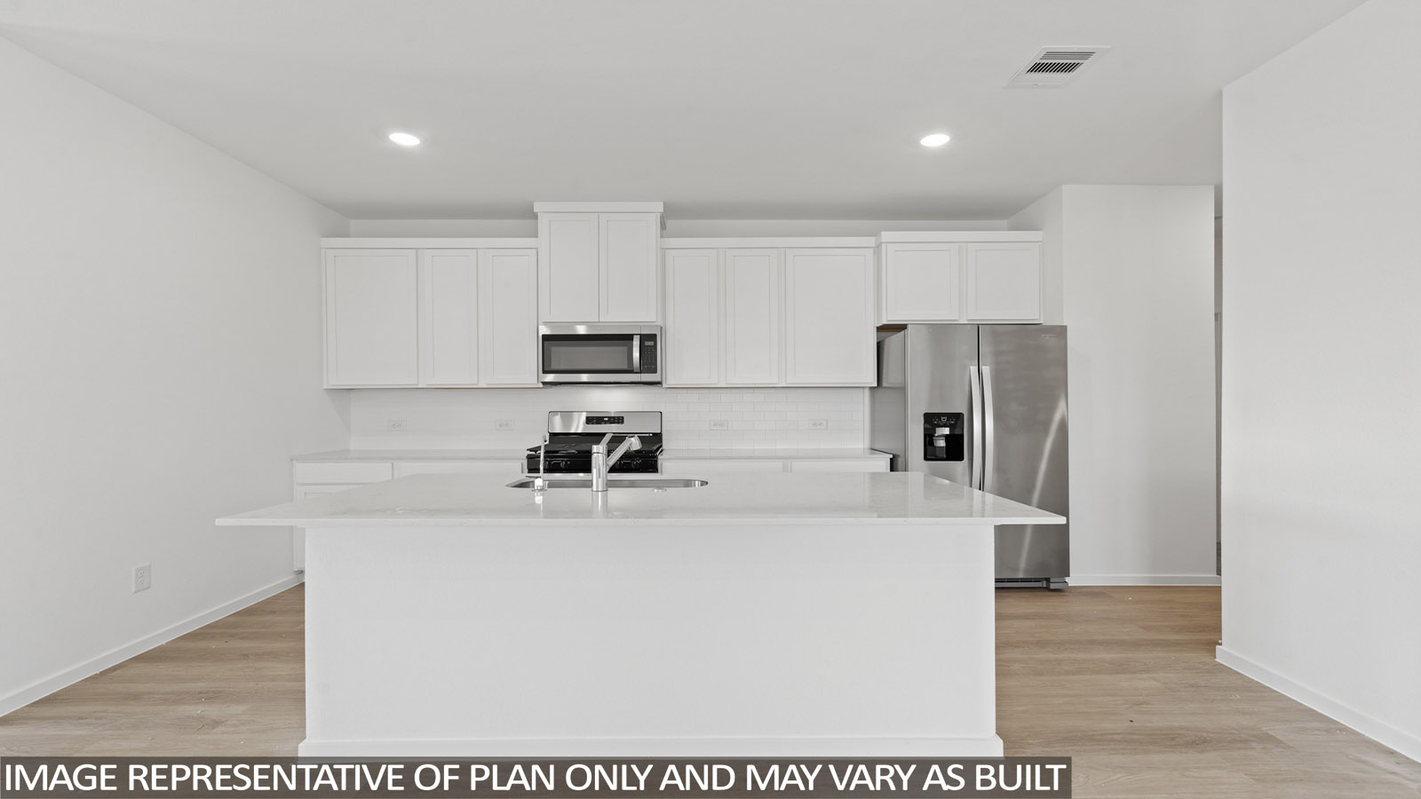 open concept livving and indining area with vinyl flooring, large windows, and quartz countertops