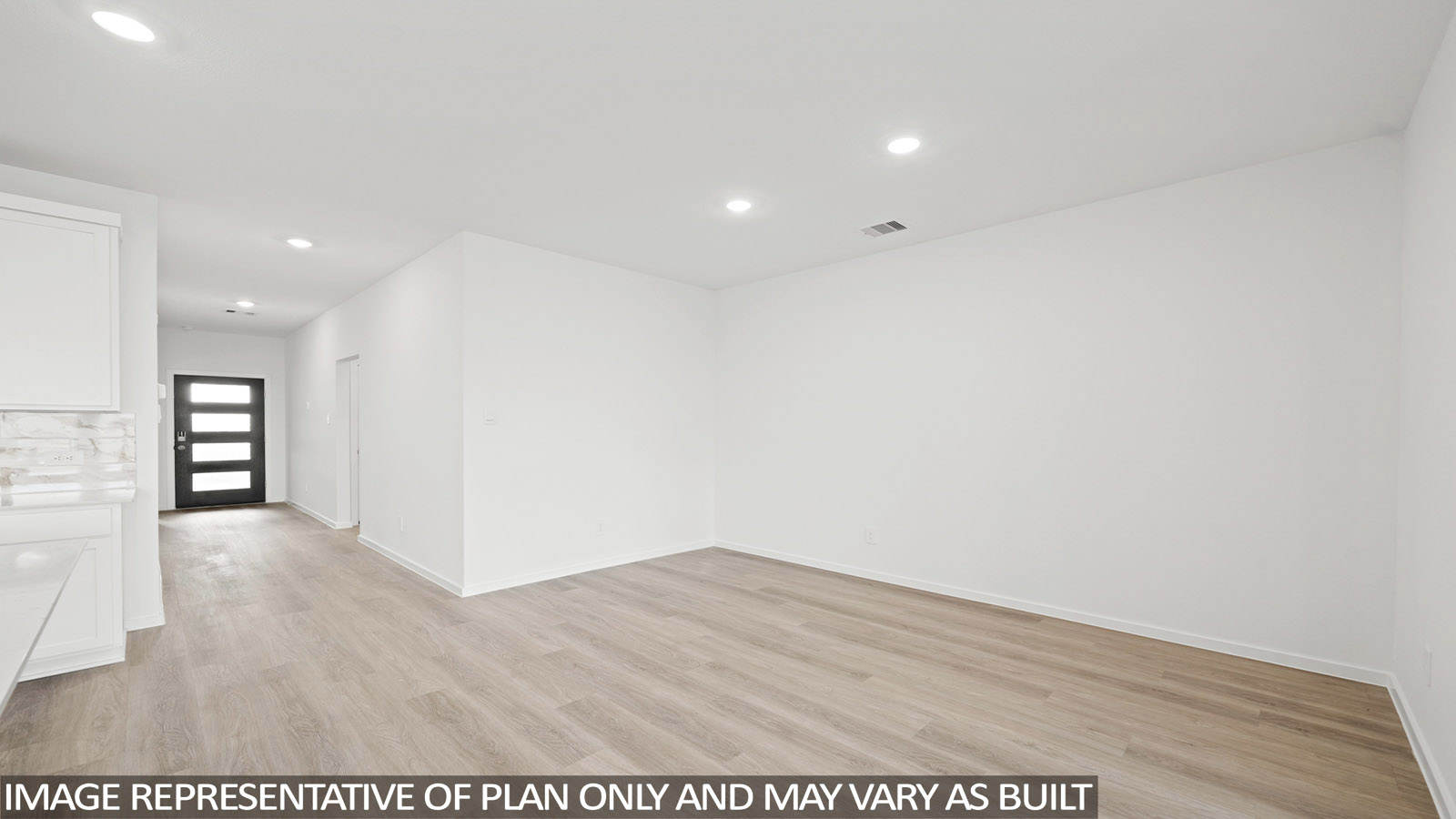 open concept living and dining area with vinyl flooring and large windows