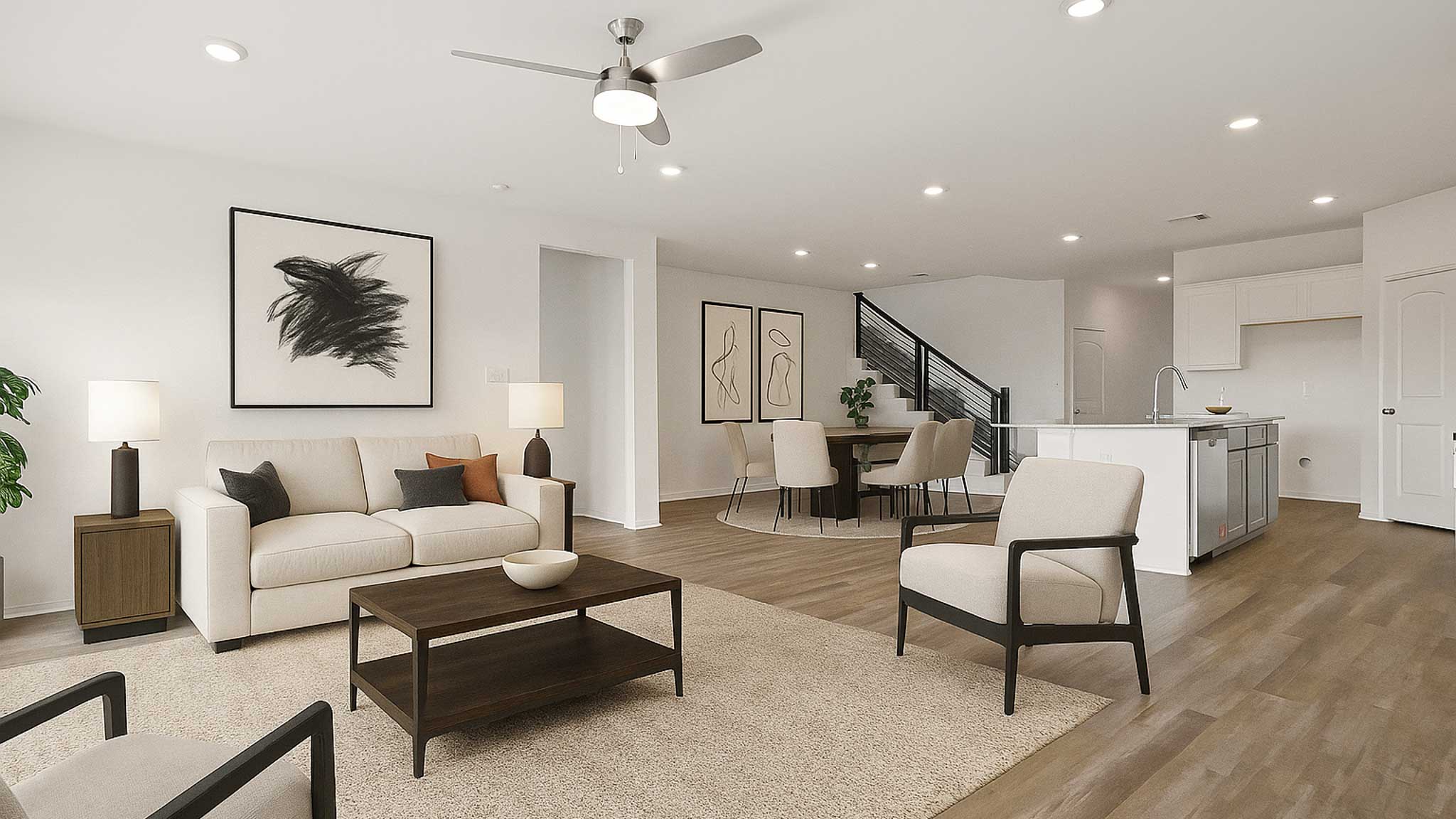 living room with vinyl flooring and large windows