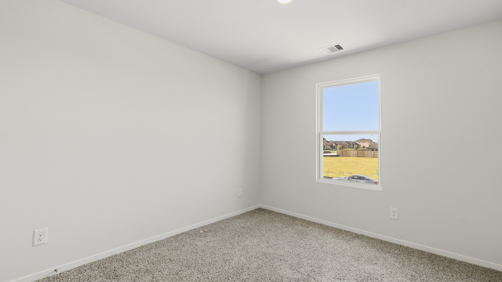 Secondary bedroom with shag carpet flooring and bright window