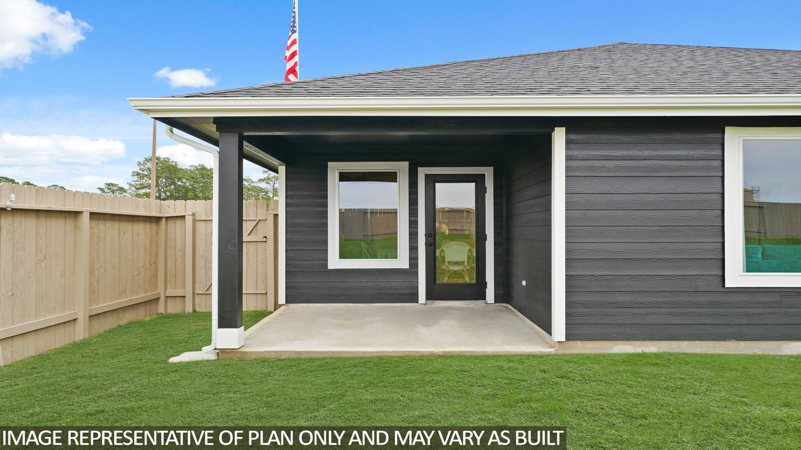 covered patio with jamies hardie siding and overhead lighting