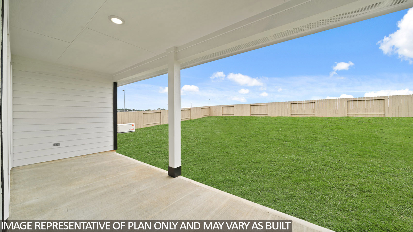 covered patio with jamies hardie siding and overhead lighting