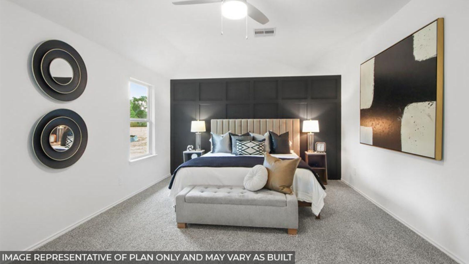 Large Primary bedroom with shag carpet flooring and bright window