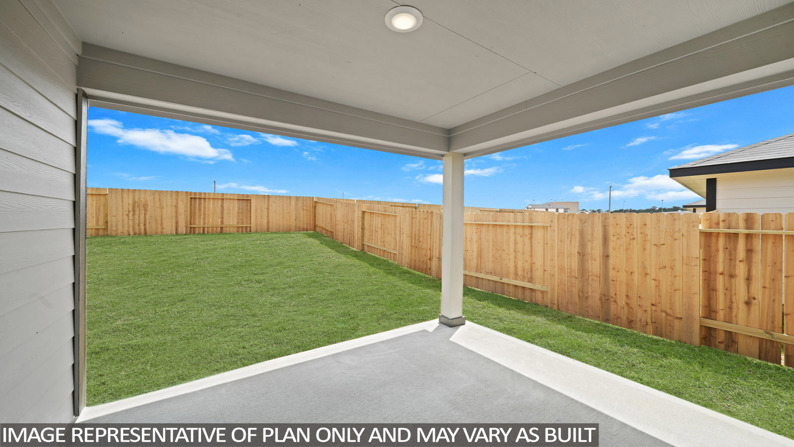 covered patio with overhead lighting