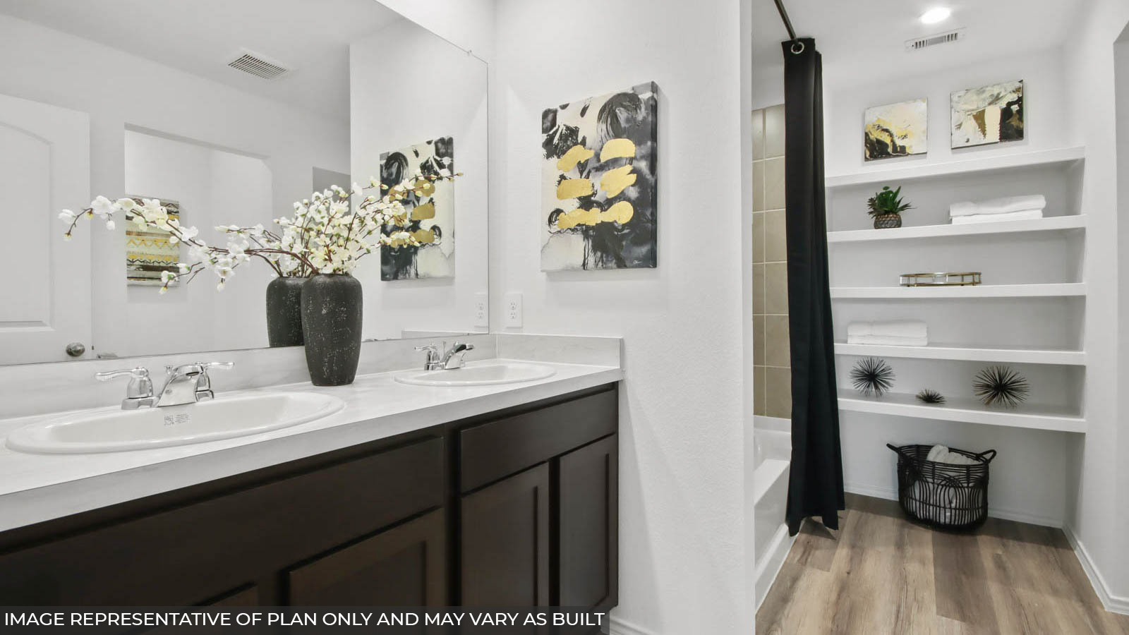 primary bathroom with built in shelving