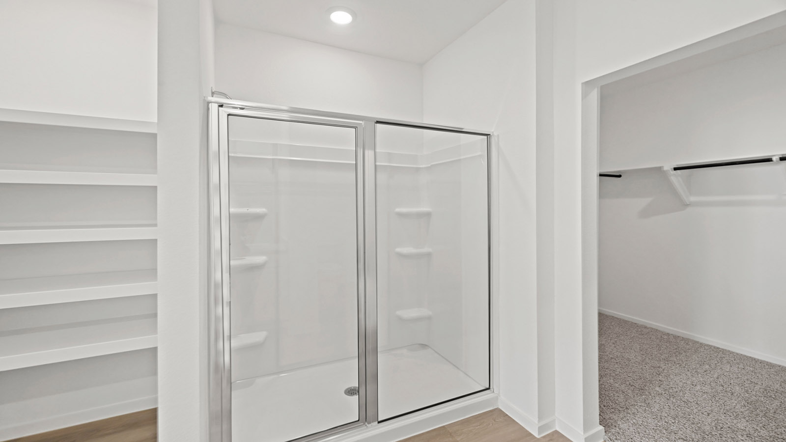 primary bathroom with stand alone shower and linen closet