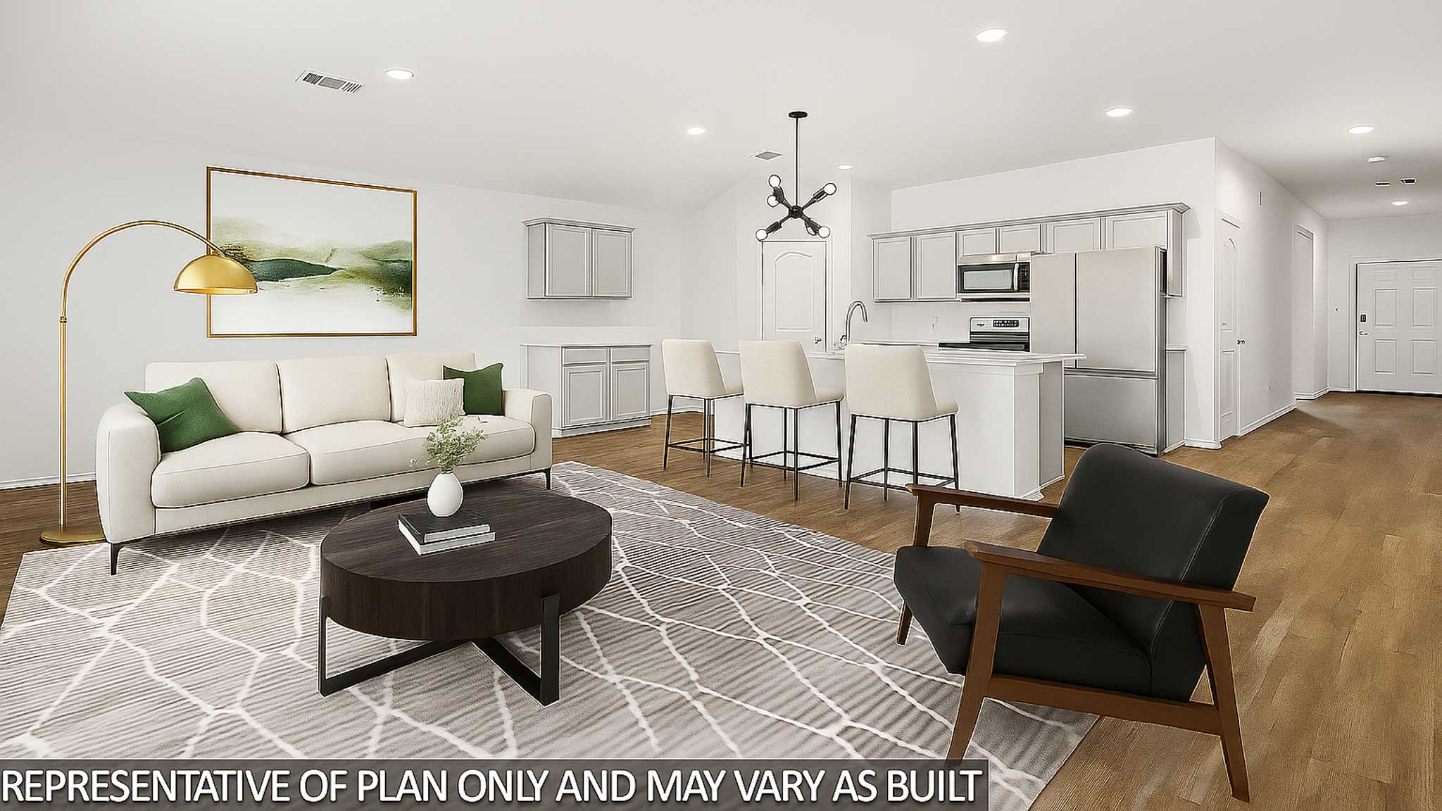 open concept living and dining area with vinly flooring, quartz countertops, and large windows
