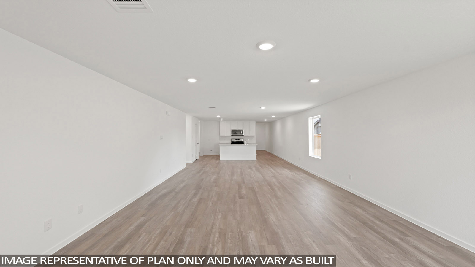 Open concept living, dining, and kitchen area with vinyl flooring and bright windows