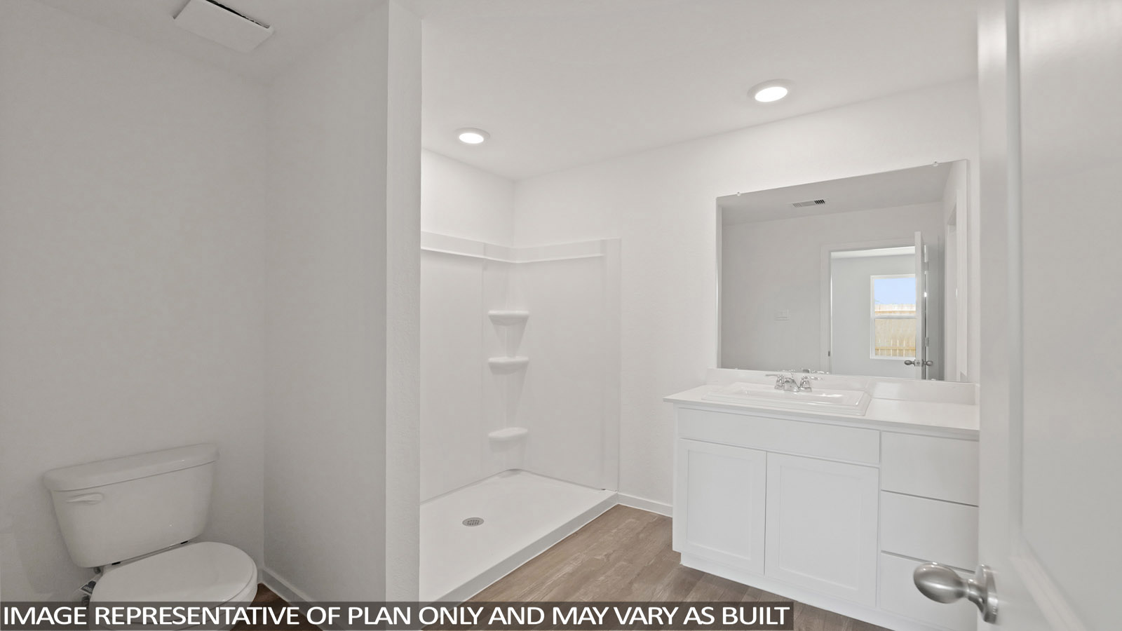 Primary bathroom with single sink with quartz counter tops in Willis TX