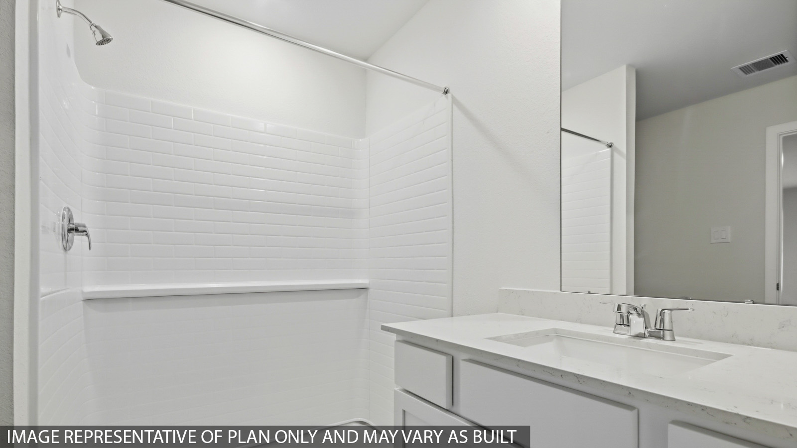 Primary bathroom with stand-alone shower with tiles and semi frameless glass in Willis TX