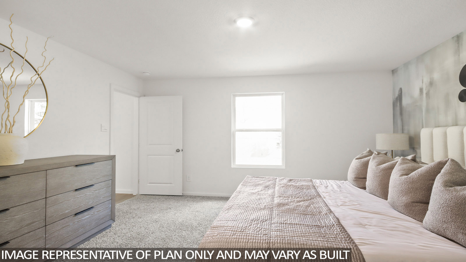 Large Primary bedroom with shag carpet flooring and bright window
