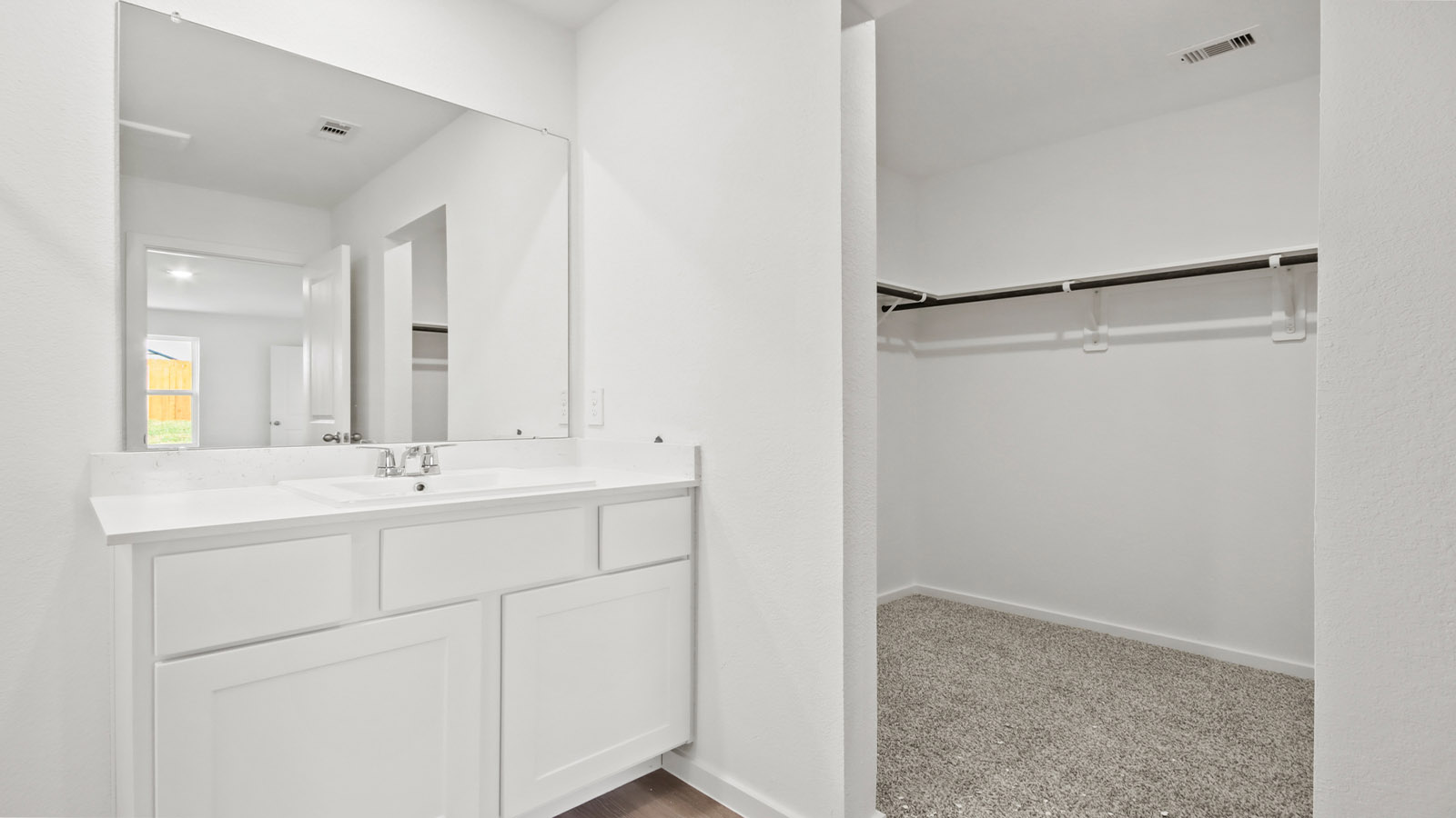 Primary walk-in closet with carpet flooring