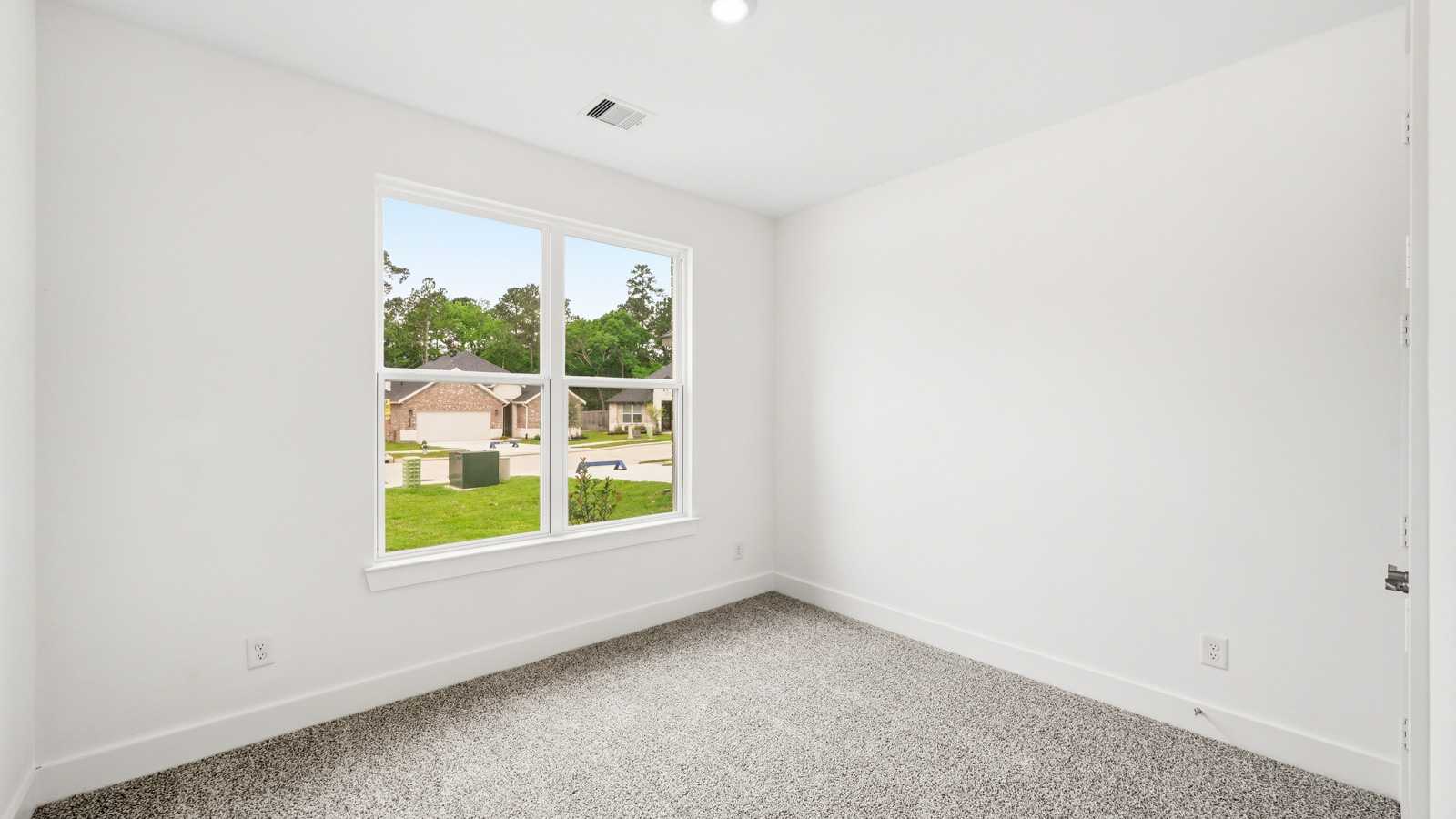 Secondary bedroom with shag carpet flooring and bright window