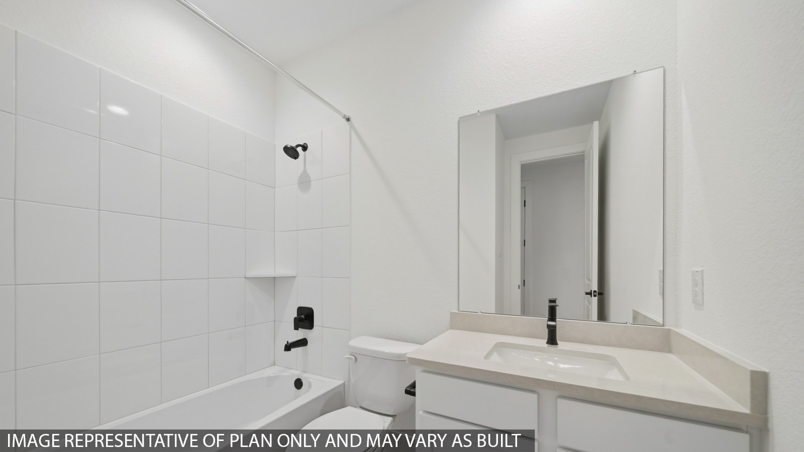 Secondary bathroom with tub/shower combo with quartz counter tops in Magnolia TX