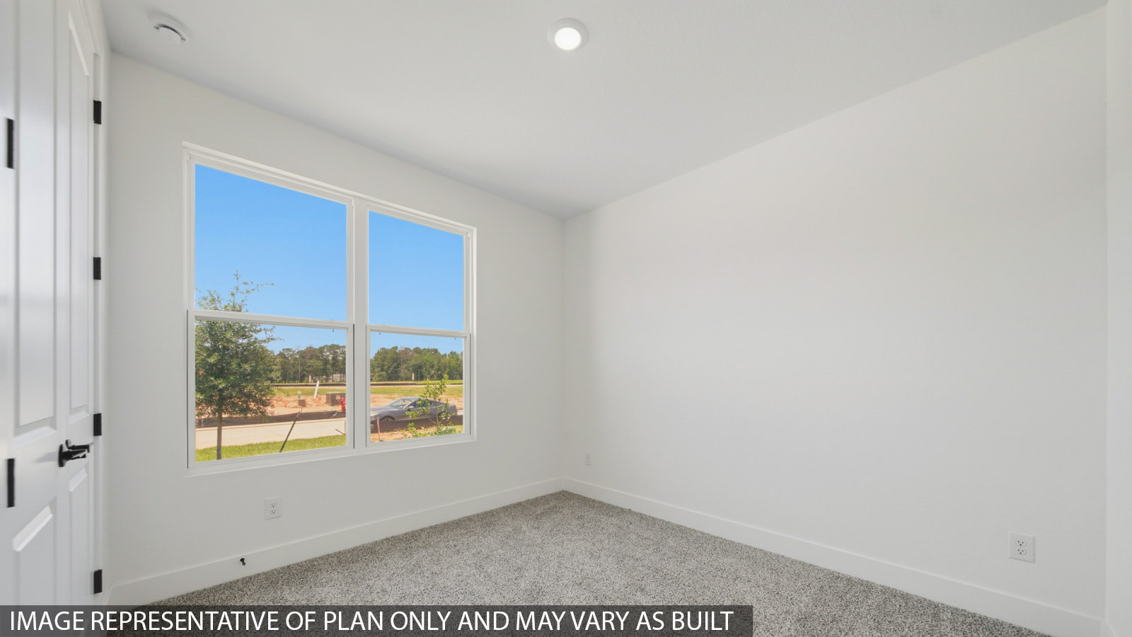 Secondary bedroom with shag carpet flooring and bright window