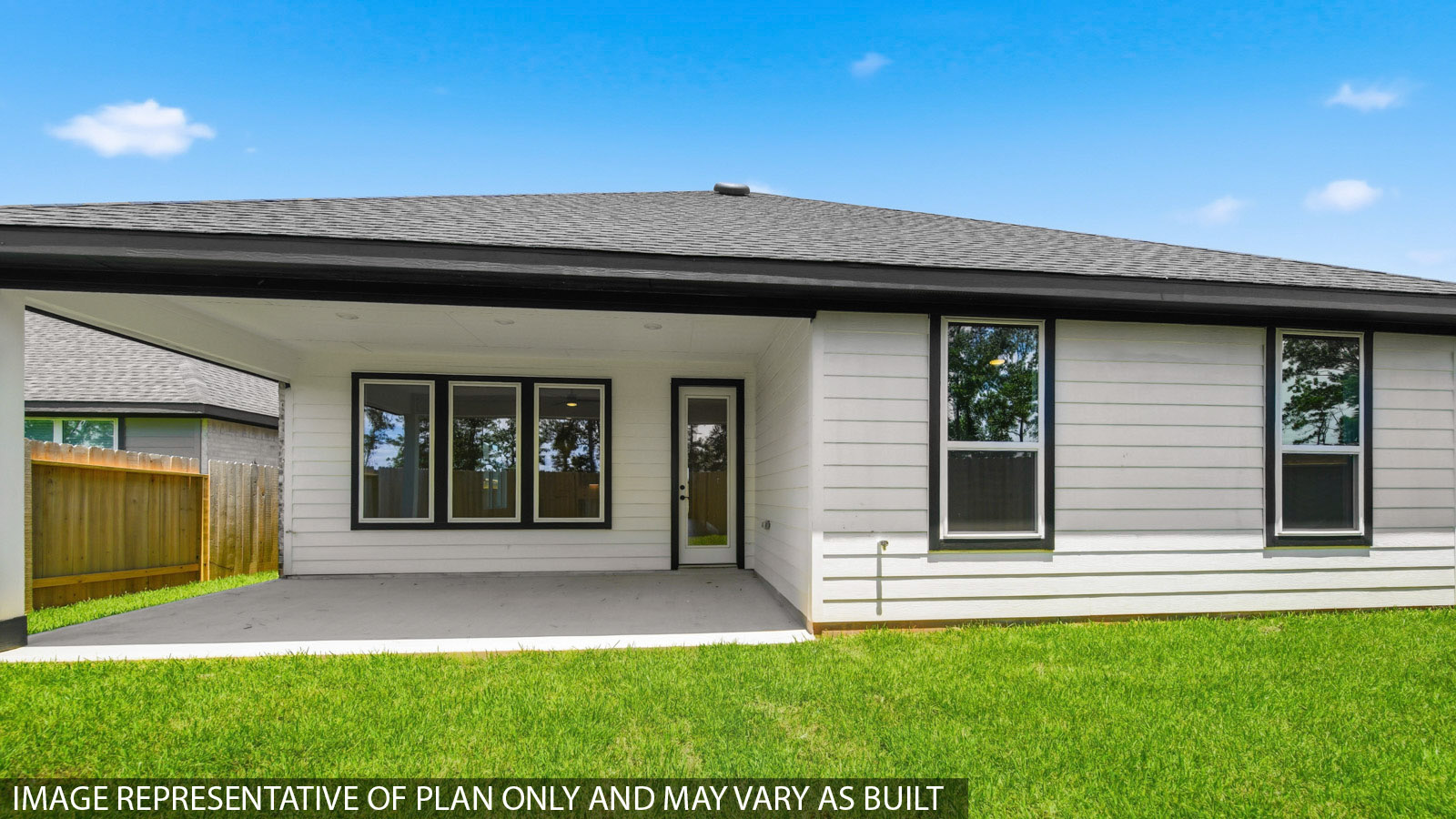 covered patio with jamies hardie siding and overhead lighting