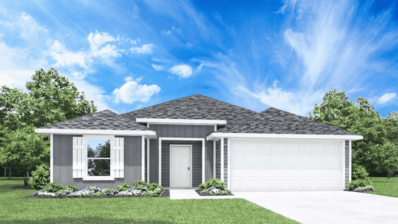 One story home with grey siding all around