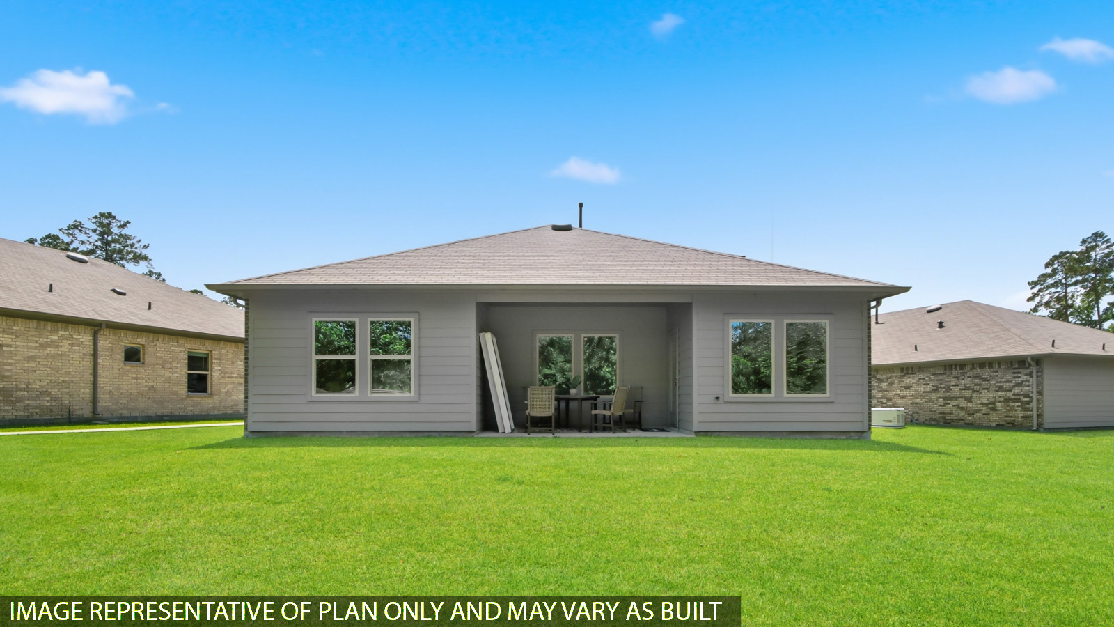 covered patio with jamies hardie siding and overhead lighting