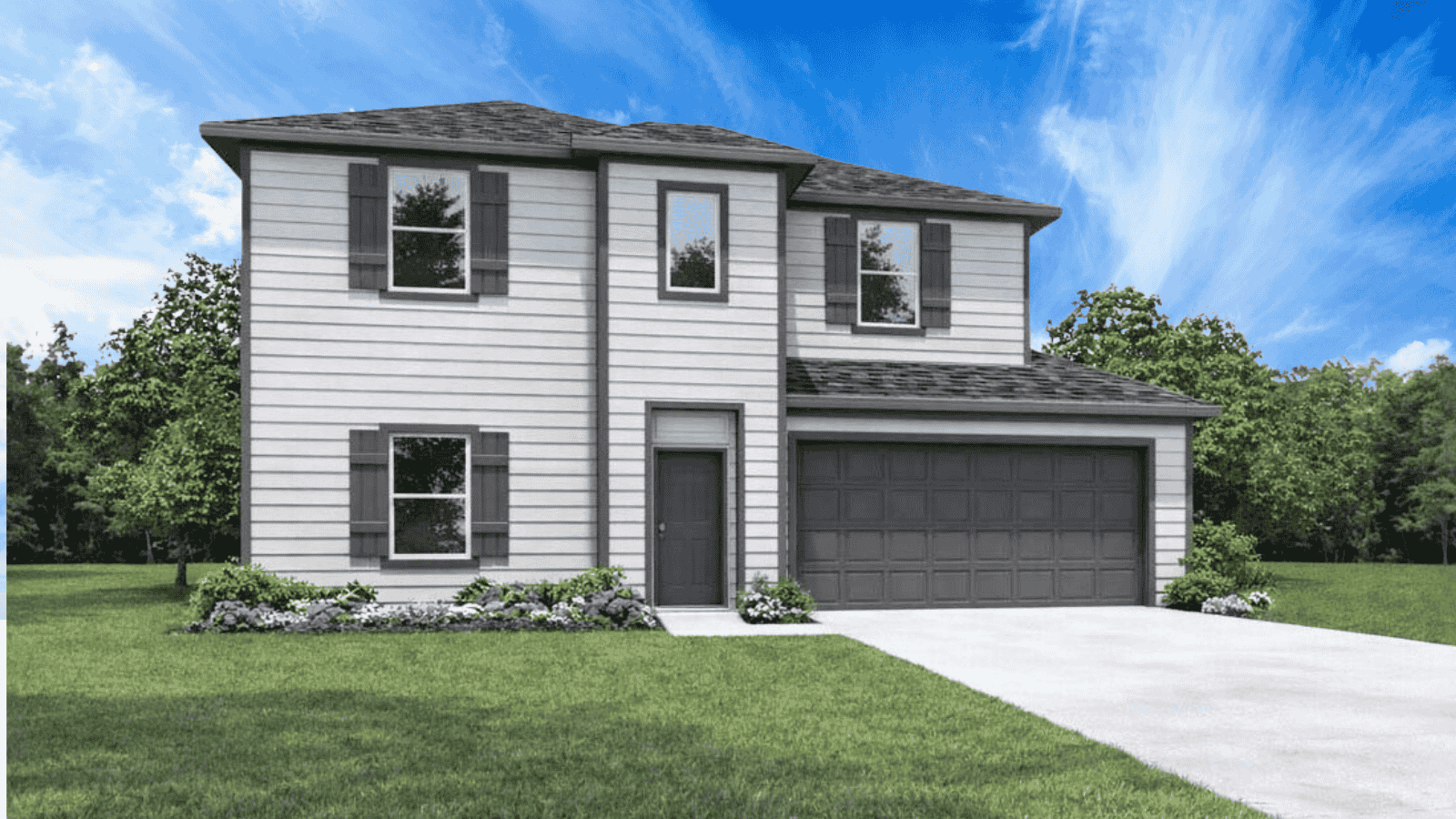 Two story home with light grey siding and bright windows