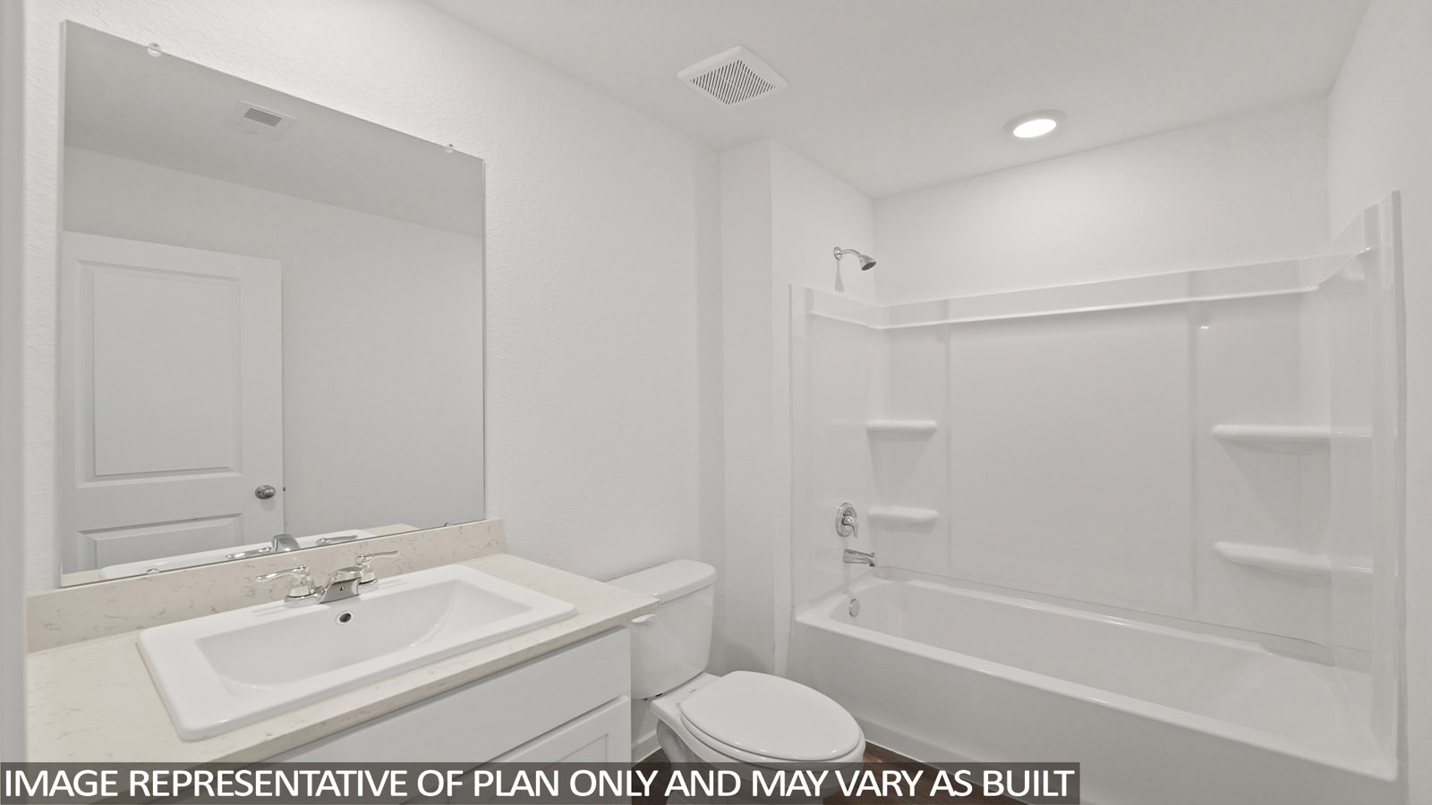 Secondary bathroom with tub/shower combo with quartz counter tops in Willis TX
