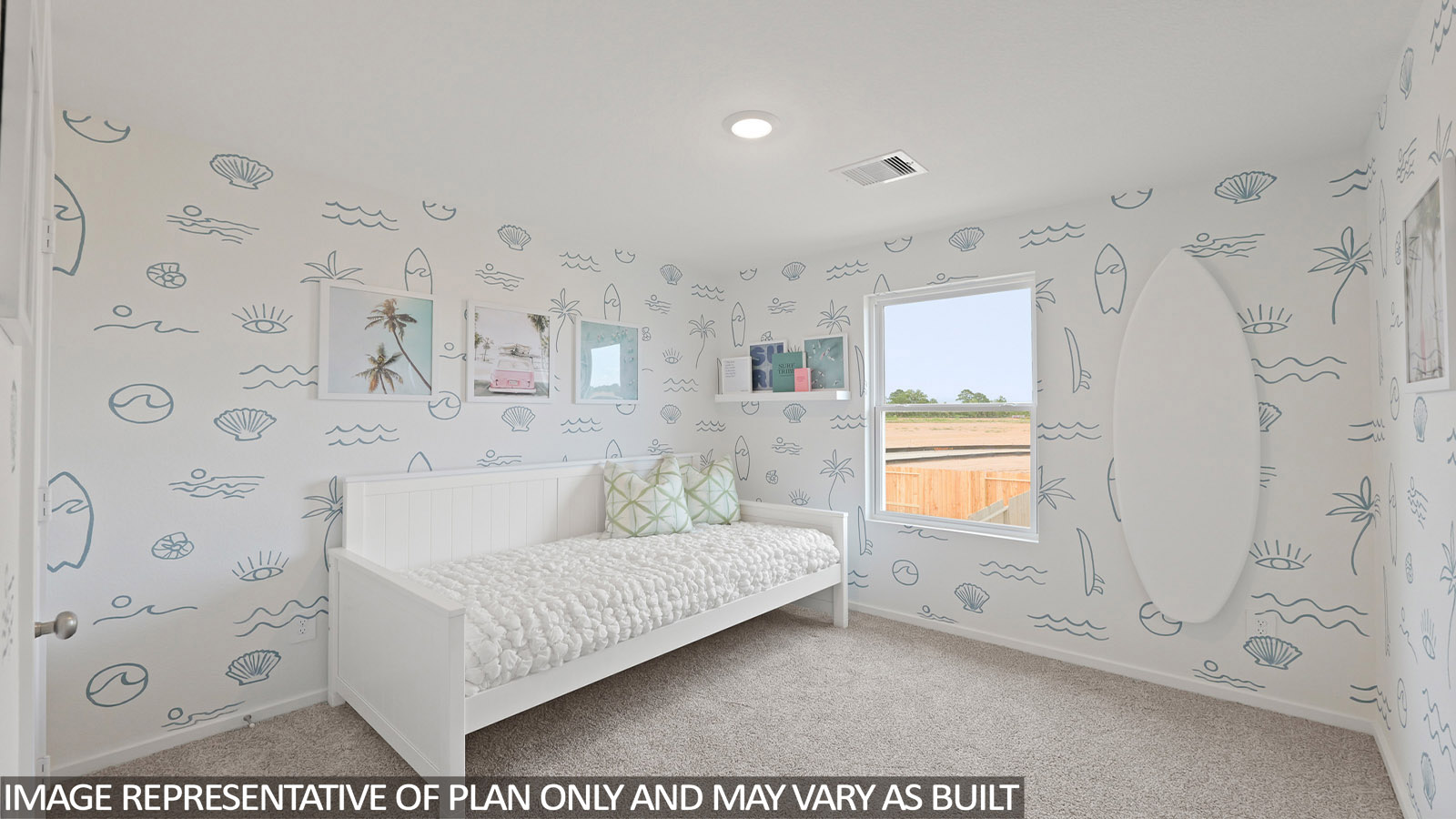 Secondary bedroom with shag carpet flooring and bright window