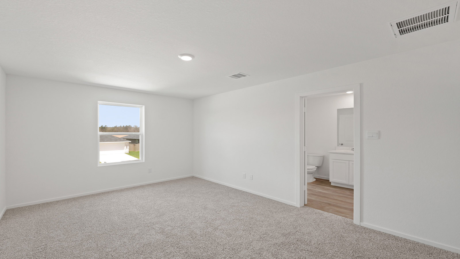 Large Primary bedroom with shag carpet flooring and bright window