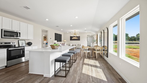 open concept living room with vinyl flooring and large windows
