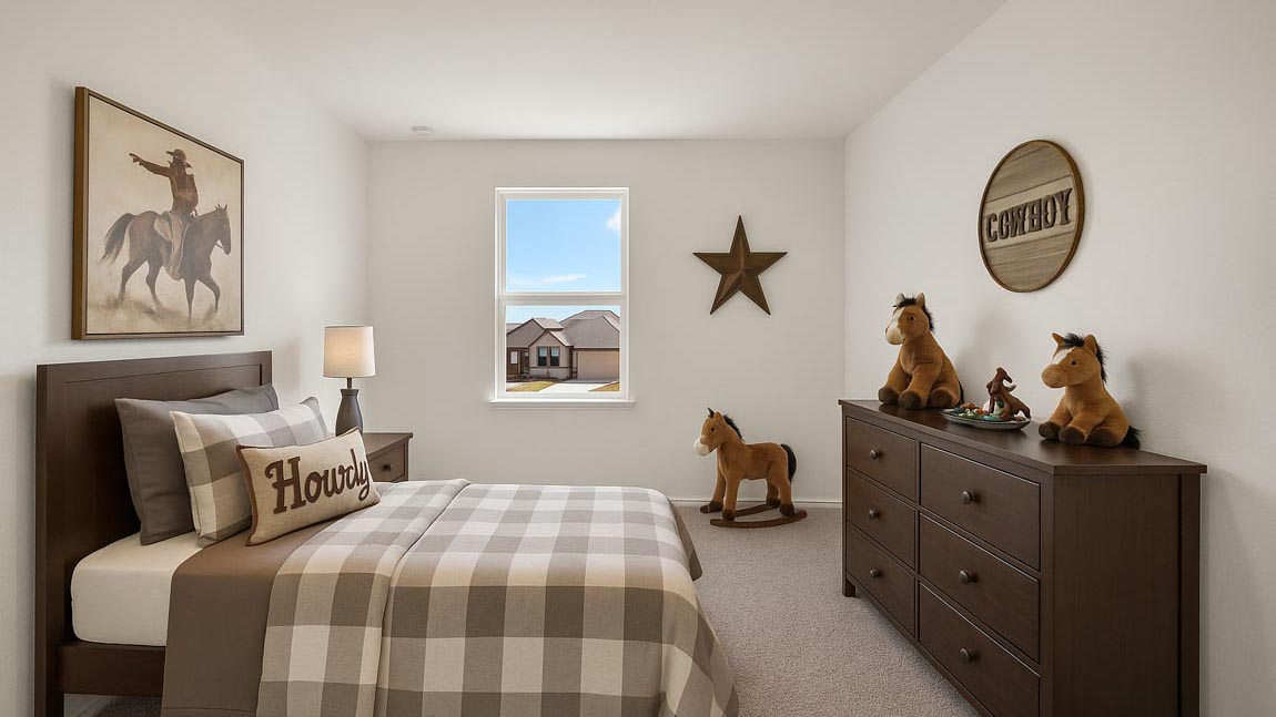 Secondary bedroom with windows, white walls, and light carpet.