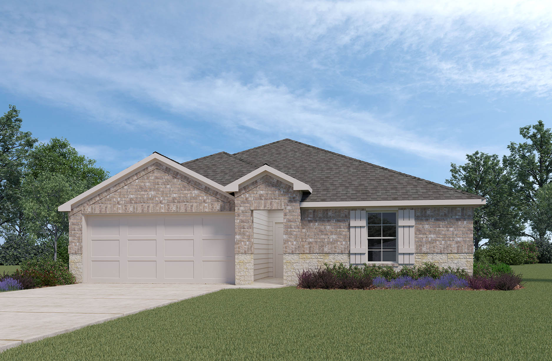 Single-story house rendering with two-car garage.