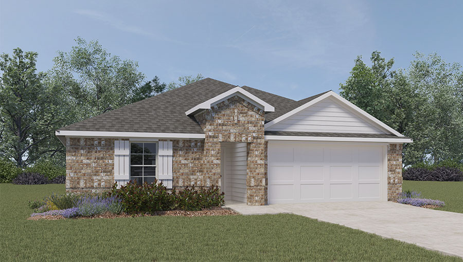 Single-story house rendering with two-car garage.