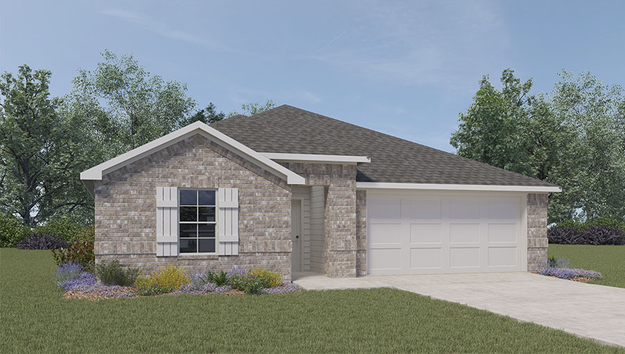 Single-story house rendering with two-car garage.
