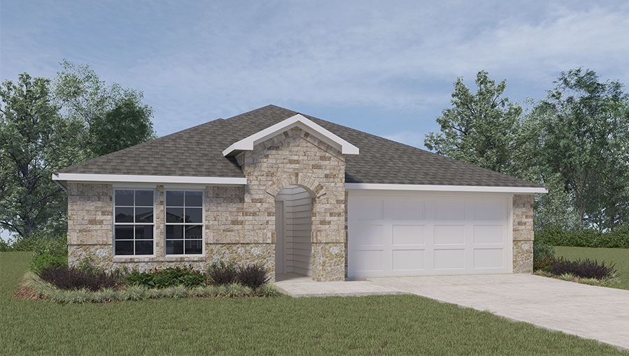 Single-story house rendering with two-car garage.