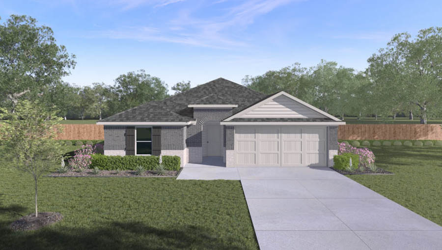 Single-story house rendering with two-car garage.