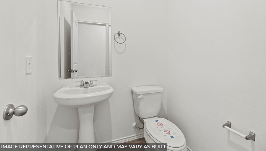 Powder room with pedestal sink and vinyl flooring.