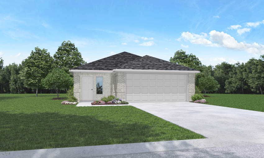 Single-story house rendering with two-car garage.