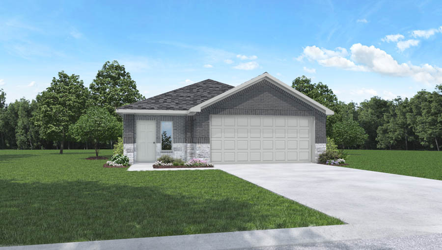 Single-story house rendering with two-car garage.