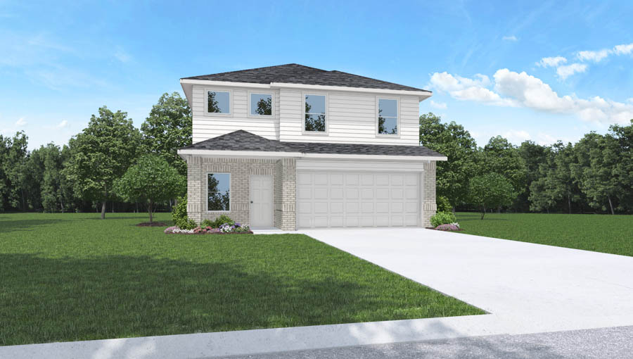 Two-story house rendering with two-car garage.