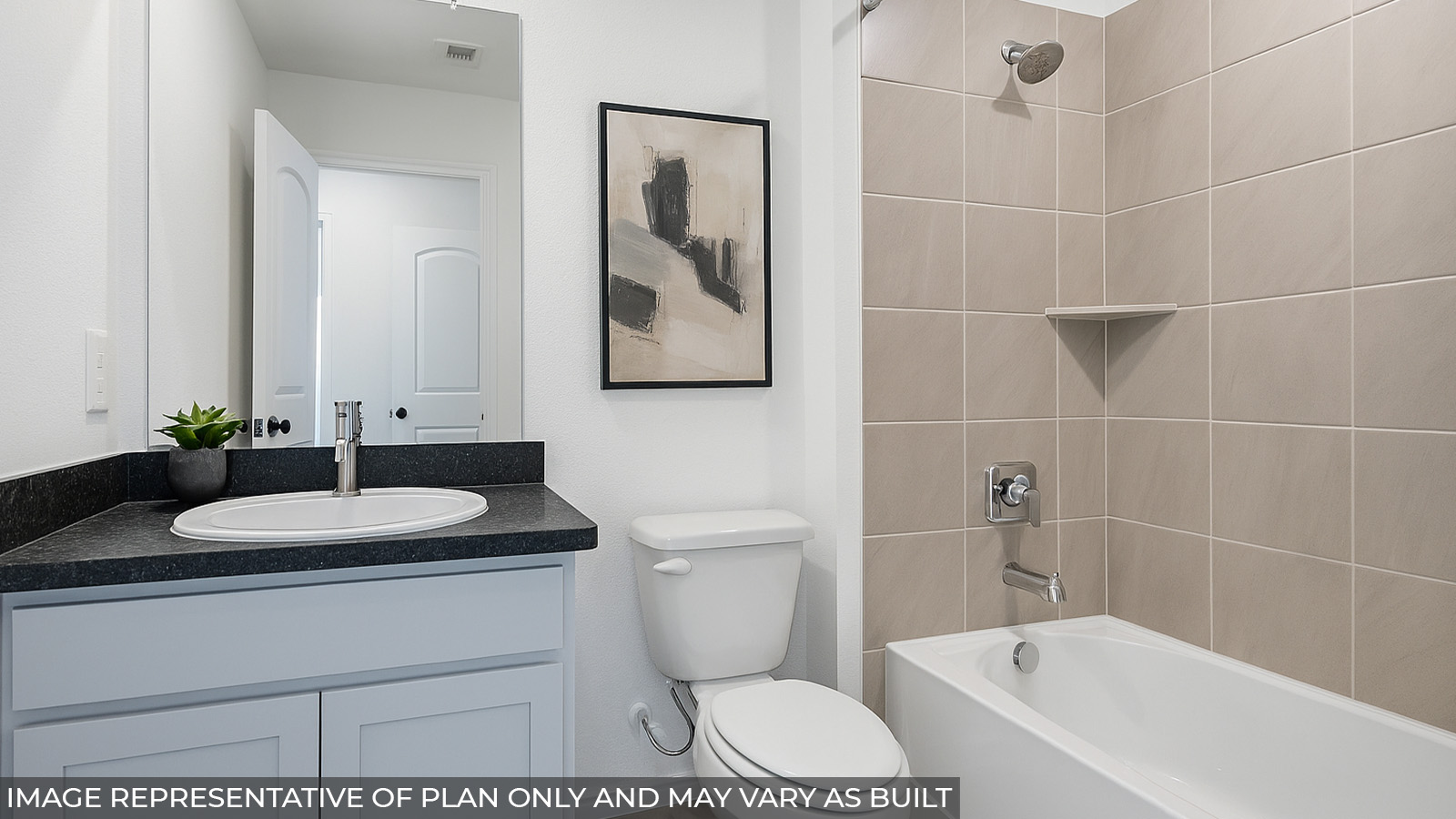 Staged secondary bathroom with vinyl flooring and a tile tub/shower combo.