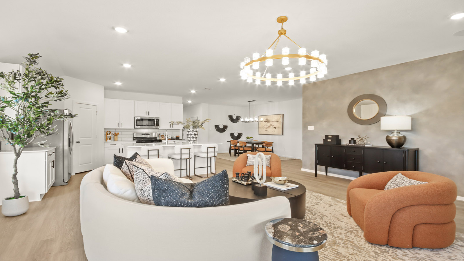 Open concept living, dining, and kitchen area