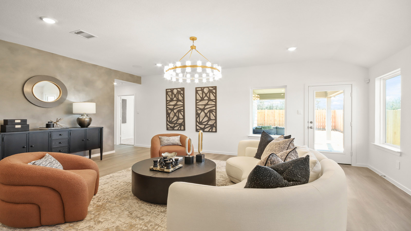 Open concept living, dining, and kitchen area