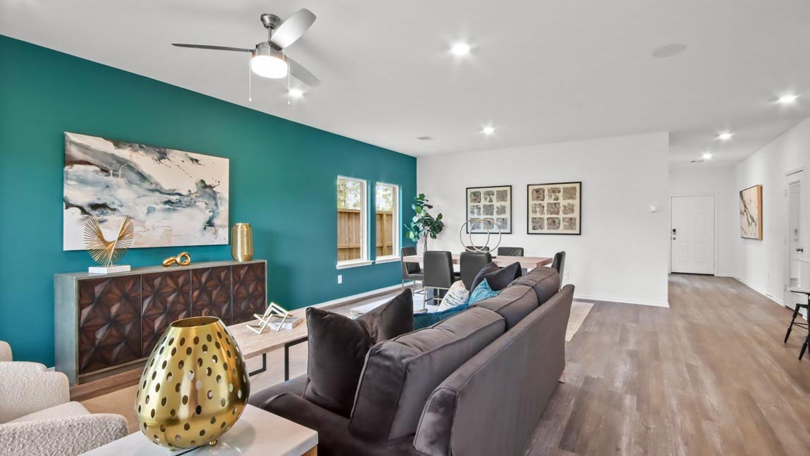 Open concept living, dining, and kitchen area