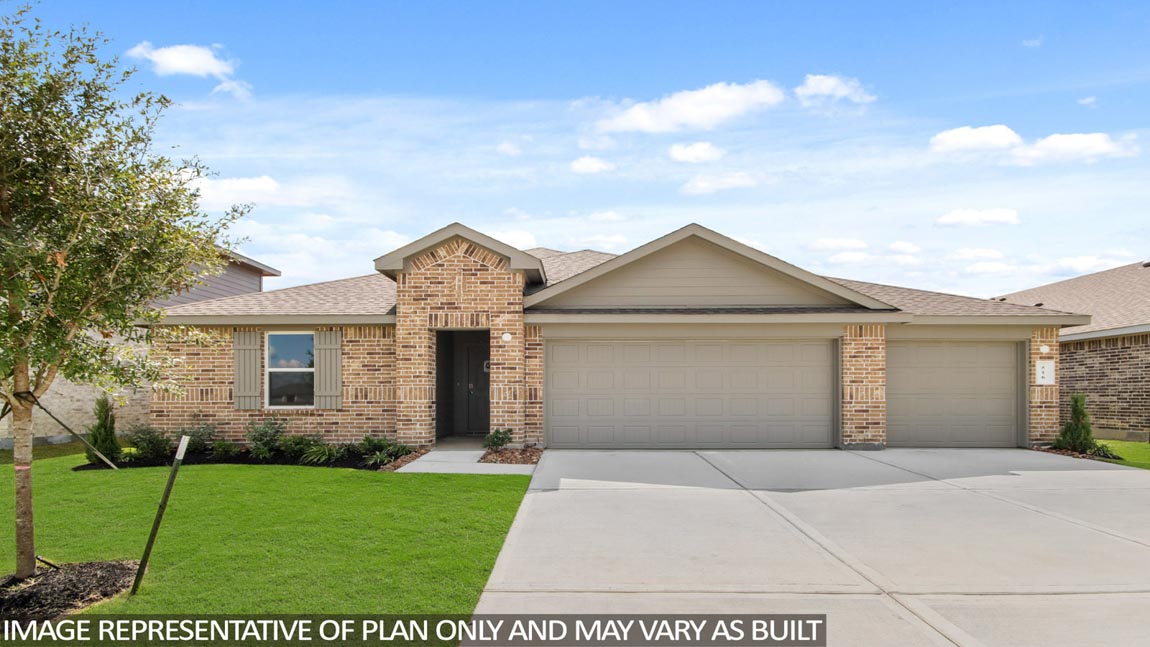 Single-story house rendering with cream trimming and a two-car garage.