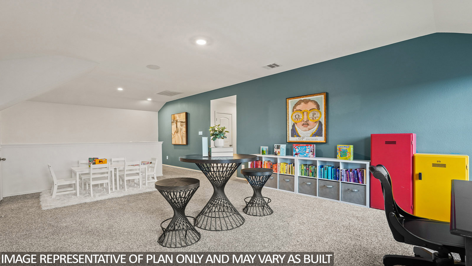 Second story game room with carpet flooring